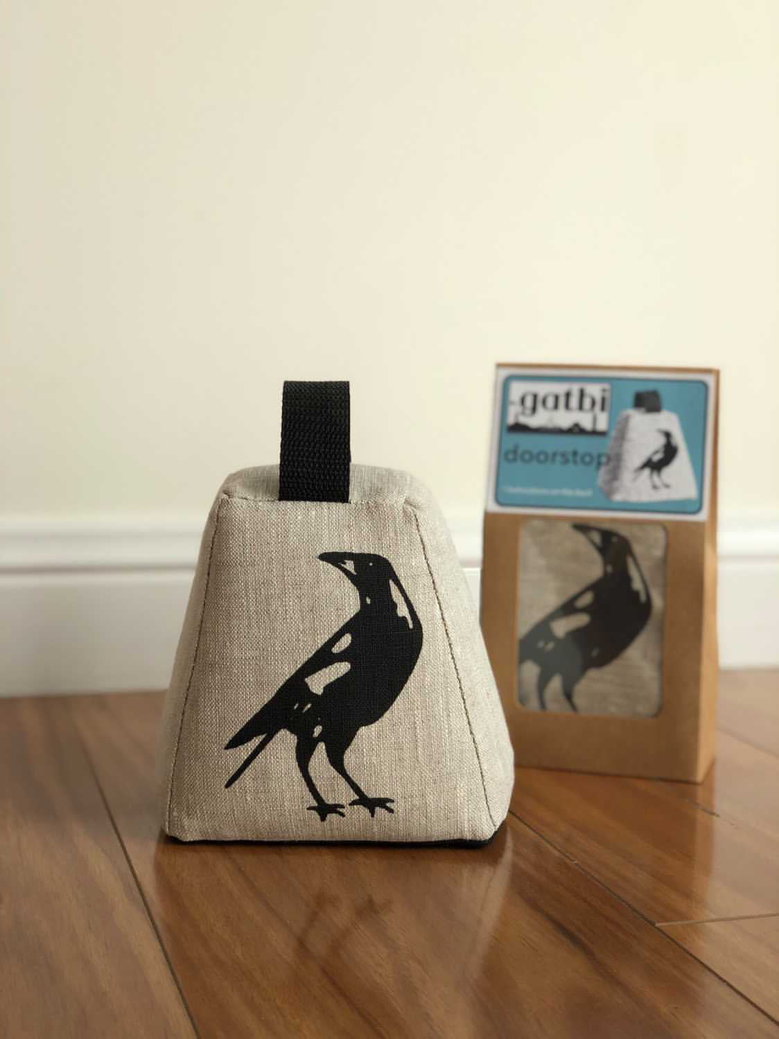 Linen Door stop with Magpie design Eclectopia Gifts and Specialty Homewares