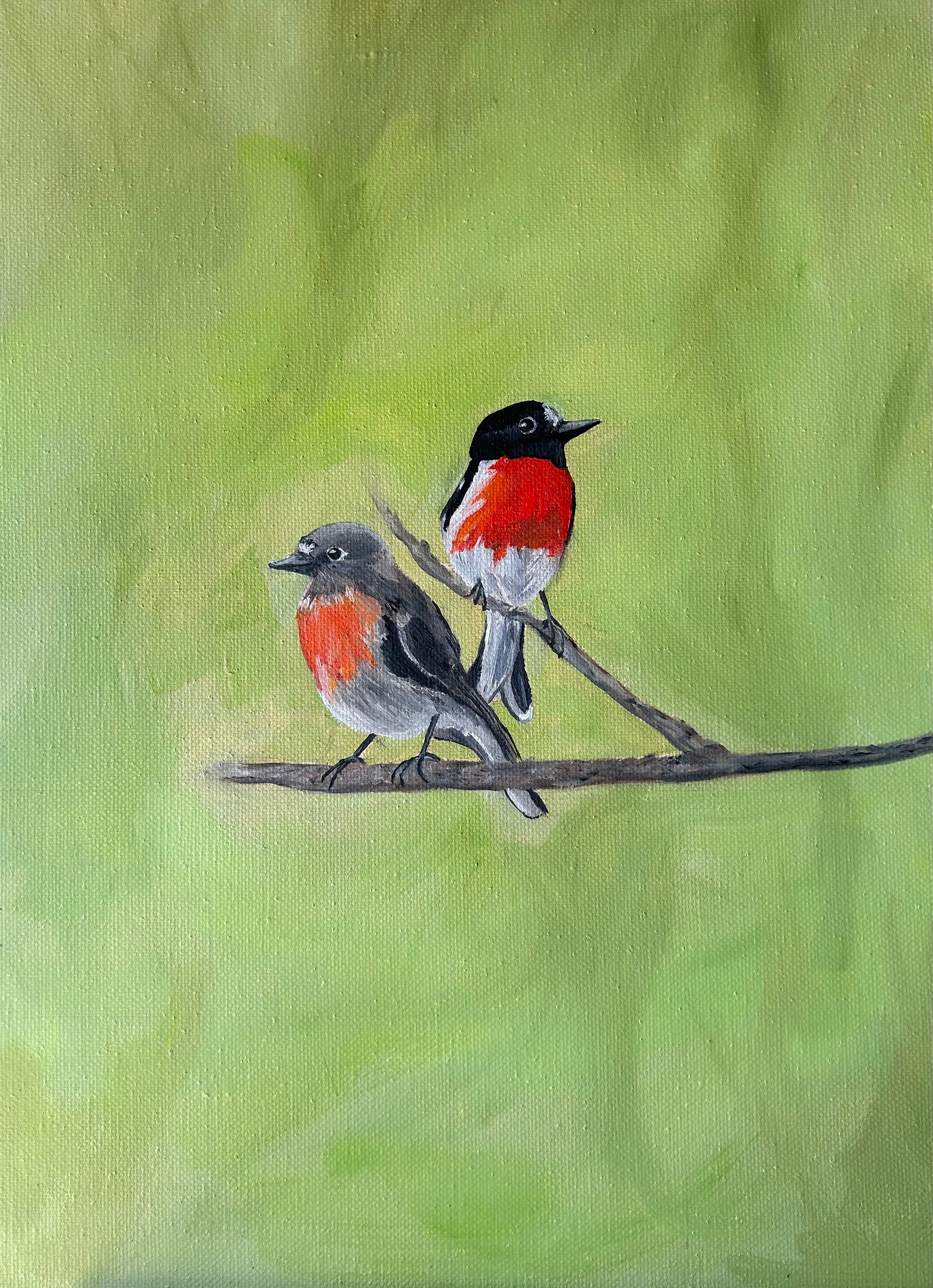 Oil painting of a Scarlet Robin pair Eclectopia Gifts and Specialty Homewares 